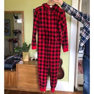 Forever 21 Fleece One Piece Pajamas Women’s Small Plaid Hooded Cozy Loungwear